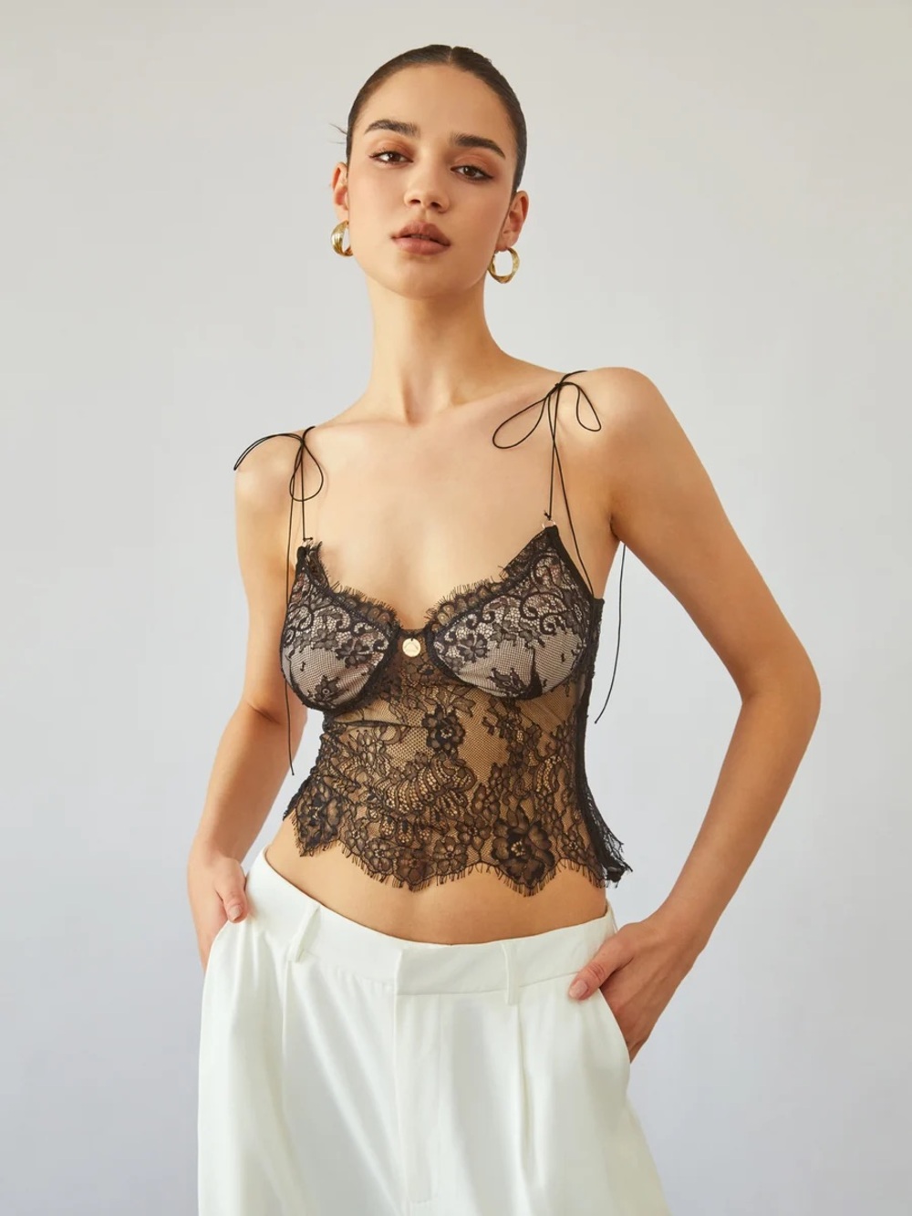 Commense Sheer Tie Shoulder Floral Lace Cami Crop Top